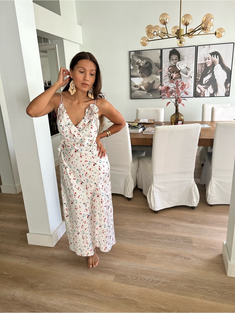 Bardot White Floral Tie-Waist Maxi Dress with Red and Green Accents